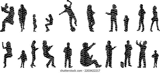 Vector silhouettes, Outline  of people, Contour drawing, people silhouette, Icon Set Isolated, Silhouette of sitting people, Architectural set	
