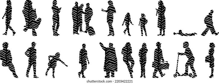 Vector silhouettes, Outline   of people, Contour drawing, people silhouette, Icon Set Isolated, Silhouette of sitting people, Architectural set	
