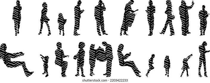 Vector silhouettes, Outline of people, Contour drawing, people silhouette, Icon Set Isolated, Silhouette of sitting people, Architectural set	
