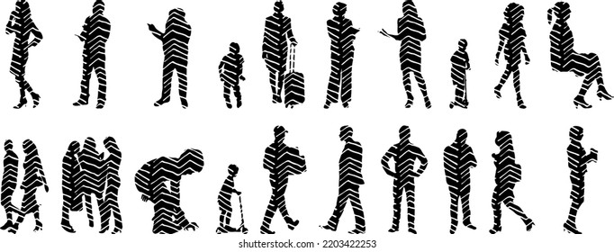 Vector silhouettes, Outline  of people, Contour drawing, people silhouette, Icon Set Isolated, Silhouette of sitting people, Architectural set	
