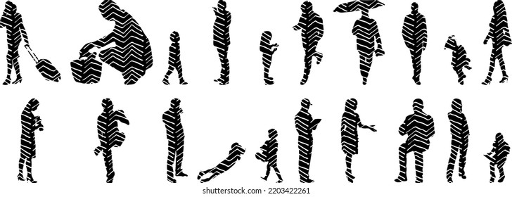 Vector silhouettes, Outline  of people, Contour drawing, people silhouette, Icon Set Isolated, Silhouette of sitting people, Architectural set	
