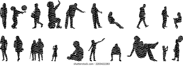 Vector silhouettes, Outline  of people, Contour drawing, people silhouette, Icon Set Isolated, Silhouette of sitting people, Architectural set	
