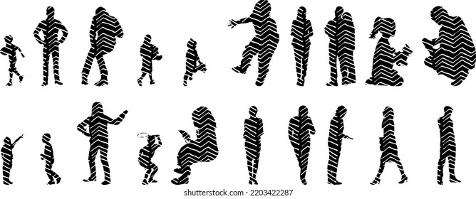 Vector silhouettes, Outline  of people, Contour drawing, people silhouette, Icon Set Isolated, Silhouette of sitting people, Architectural set	
