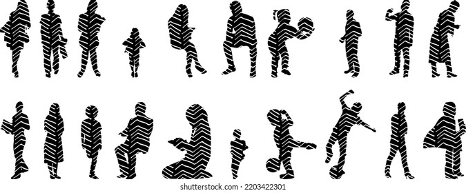 Vector silhouettes, Outline  of people, Contour drawing, people silhouette, Icon Set Isolated, Silhouette of sitting people, Architectural set	
