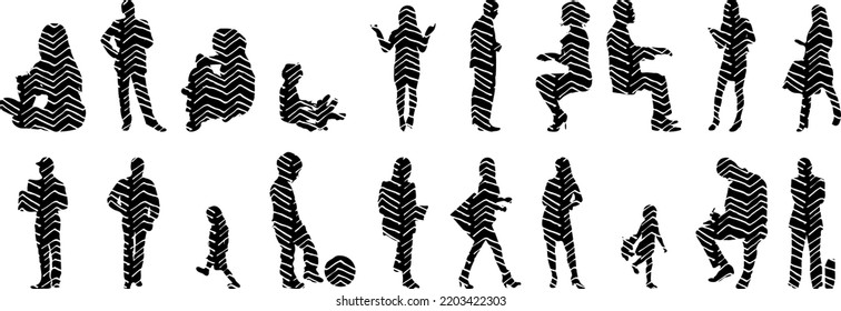 Vector silhouettes, Outline  of people, Contour drawing, people silhouette, Icon Set Isolated, Silhouette of sitting people, Architectural set	
