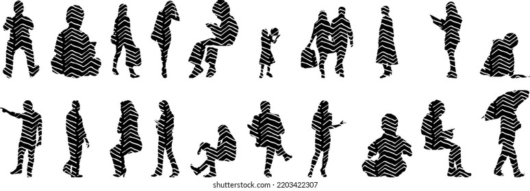 Vector silhouettes, Outline  of people, Contour drawing, people silhouette, Icon Set Isolated, Silhouette of sitting people, Architectural set	

