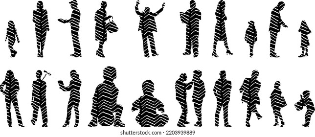 Vector silhouettes, Outline silhouettes of people, Contour drawing, people silhouette, Icon Set Isolated, Silhouette of sitting people, Architectural set	
