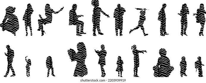 Vector silhouettes, Outline silhouettes of people, Contour drawing, people silhouette, Icon Set Isolated, Silhouette of sitting people, Architectural set	

