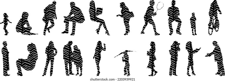 Vector silhouettes, Outline silhouettes of people, Contour drawing, people silhouette, Icon Set Isolated, Silhouette of sitting people, Architectural set	
