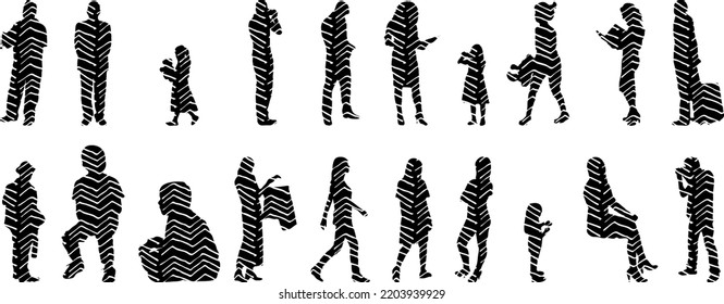 Vector silhouettes, Outline silhouettes of people, Contour drawing, people silhouette, Icon Set Isolated, Silhouette of sitting people, Architectural set	
