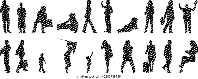 Vector silhouettes, Outline silhouettes of people, Contour drawing, people silhouette, Icon Set Isolated, Silhouette of sitting people, Architectural set	
