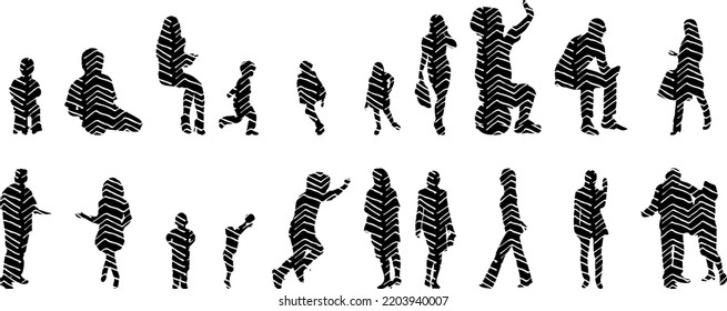 Vector silhouettes, Outline silhouettes of people, Contour drawing, people silhouette, Icon Set Isolated, Silhouette of sitting people, Architectural set	
