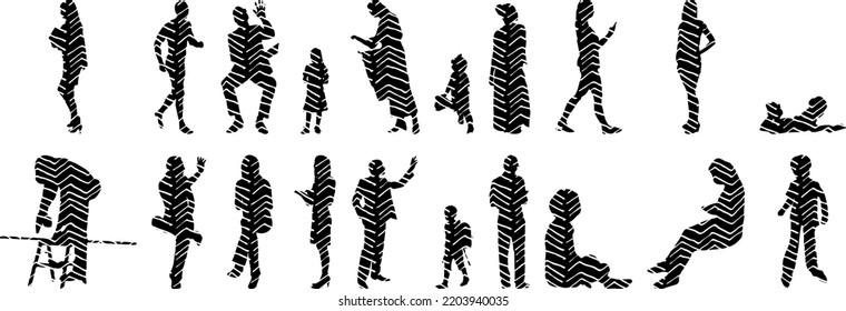 Vector silhouettes, Outline silhouettes of people, Contour drawing, people silhouette, Icon Set Isolated, Silhouette of sitting people, Architectural set	
