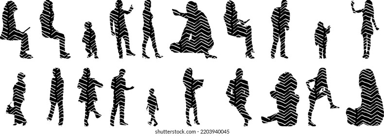 Vector silhouettes, Outline silhouettes of people, Contour drawing, people silhouette, Icon Set Isolated, Silhouette of sitting people, Architectural set	
