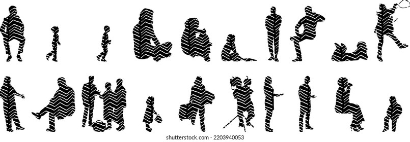 Vector silhouettes, Outline silhouettes of people, Contour drawing, people silhouette, Icon Set Isolated, Silhouette of sitting people, Architectural set	
