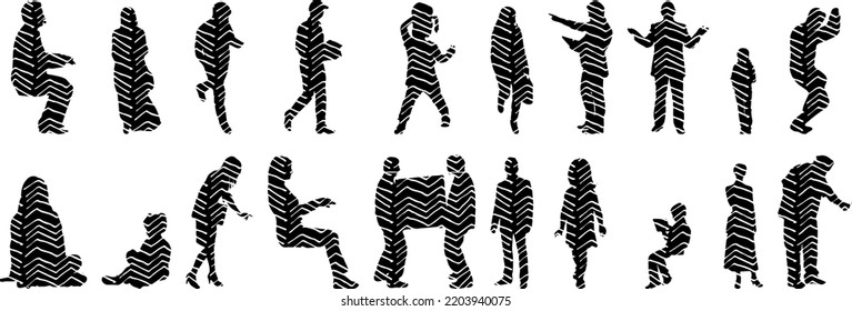 Vector silhouettes, Outline silhouettes of people, Contour drawing, people silhouette, Icon Set Isolated, Silhouette of sitting people, Architectural set	
