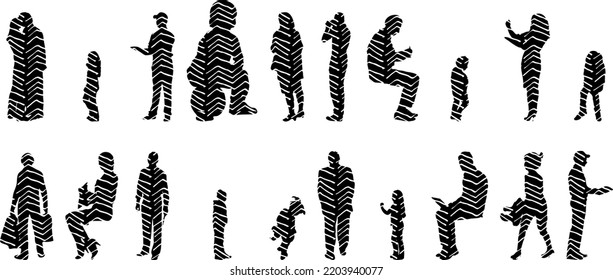 Vector silhouettes, Outline silhouettes of people, Contour drawing, people silhouette, Icon Set Isolated, Silhouette of sitting people, Architectural set	
