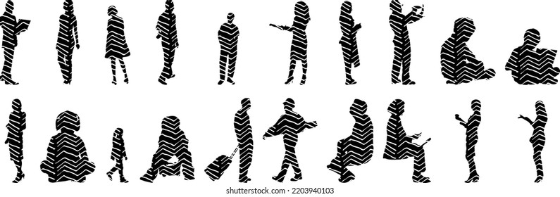 Vector silhouettes, Outline silhouettes of people, Contour drawing, people silhouette, Icon Set Isolated, Silhouette of sitting people, Architectural set	
