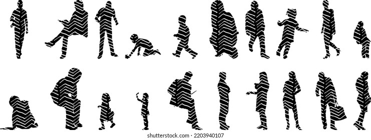 Vector silhouettes, Outline silhouettes of people, Contour drawing, people silhouette, Icon Set Isolated, Silhouette of sitting people, Architectural set	
