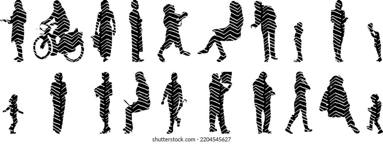 Vector silhouettes, Outline silhouettes of people, Contour drawing, people silhouette, Icon Set Isolated, Silhouette of sitting people, Architectural set	
