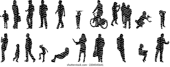 Vector silhouettes, Outline silhouettes of people, Contour drawing, people silhouette, Icon Set Isolated, Silhouette of sitting people, Architectural set	
