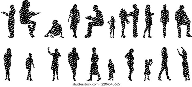 Vector silhouettes, Outline silhouettes of people, Contour drawing, people silhouette, Icon Set Isolated, Silhouette of sitting people, Architectural set	
