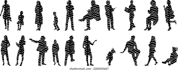 Vector silhouettes, Outline silhouettes of people, Contour drawing, people silhouette, Icon Set Isolated, Silhouette of sitting people, Architectural set	
