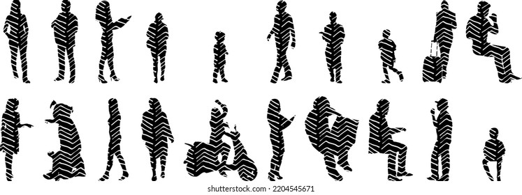 Vector silhouettes, Outline silhouettes of people, Contour drawing, people silhouette, Icon Set Isolated, Silhouette of sitting people, Architectural set	
