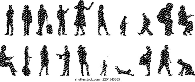 Siluetas vectoriales, Siluetas de contorno de personas, Dibujo de contorno, silueta de personas, Conjunto de iconos aislados, Silueta de personas sentadas, Conjunto arquitectónico	
