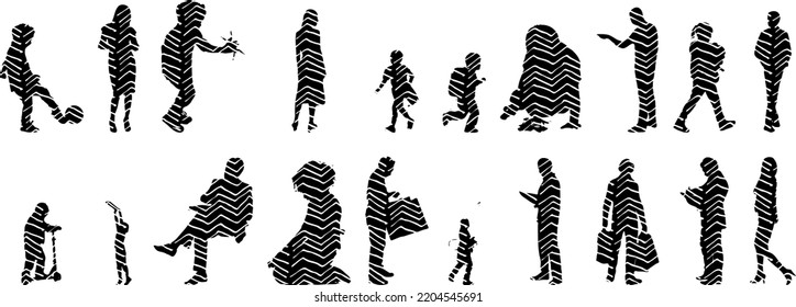 Vector silhouettes, Outline silhouettes of people, Contour drawing, people silhouette, Icon Set Isolated, Silhouette of sitting people, Architectural set	
