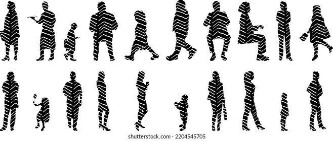 Siluetas vectoriales, Siluetas de contorno de personas, Dibujo de contorno, silueta de personas, Conjunto de iconos aislados, Silueta de personas sentadas, Conjunto arquitectónico	
