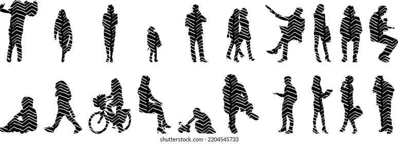 Siluetas vectoriales, Siluetas de contorno de personas, Dibujo de contorno, silueta de personas, Conjunto de iconos aislados, Silueta de personas sentadas, Conjunto arquitectónico	
