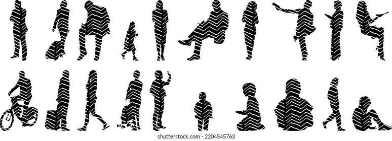 Vector silhouettes, Outline silhouettes of people, Contour drawing, people silhouette, Icon Set Isolated, Silhouette of sitting people, Architectural set	
