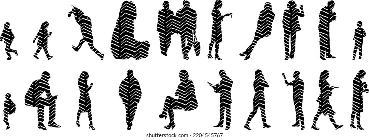 Vector silhouettes, Outline silhouettes of people, Contour drawing, people silhouette, Icon Set Isolated, Silhouette of sitting people, Architectural set	
