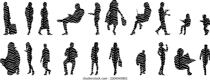 Vector silhouettes, Outline silhouettes of people, Contour drawing, people silhouette, Icon Set Isolated, Silhouette of sitting people, Architectural set	
