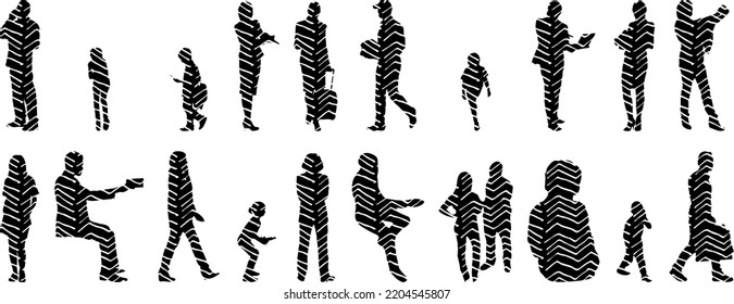 Vector silhouettes, Outline silhouettes of people, Contour drawing, people silhouette, Icon Set Isolated, Silhouette of sitting people, Architectural set	
