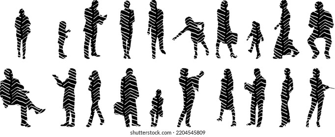 Vector silhouettes, Outline silhouettes of people, Contour drawing, people silhouette, Icon Set Isolated, Silhouette of sitting people, Architectural set	
