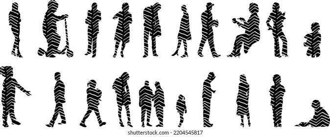Vector silhouettes, Outline silhouettes of people, Contour drawing, people silhouette, Icon Set Isolated, Silhouette of sitting people, Architectural set	
