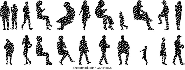Vector silhouettes, Outline silhouettes of people, Contour drawing, people silhouette, Icon Set Isolated, Silhouette of sitting people, Architectural set	
