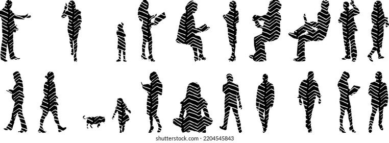 Vector silhouettes, Outline silhouettes of people, Contour drawing, people silhouette, Icon Set Isolated, Silhouette of sitting people, Architectural set	
