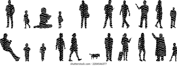 Vector silhouettes, Outline silhouettes of people, Contour drawing, people silhouette, Icon Set Isolated, Silhouette of sitting people, Architectural set	
