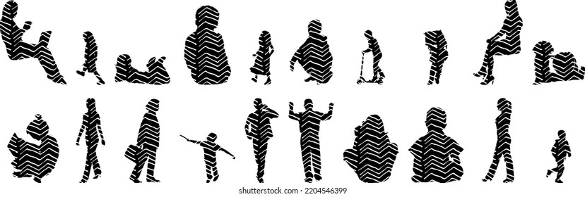 Vector silhouettes, Outline silhouettes of people, Contour drawing, people silhouette, Icon Set Isolated, Silhouette of sitting people, Architectural set	
