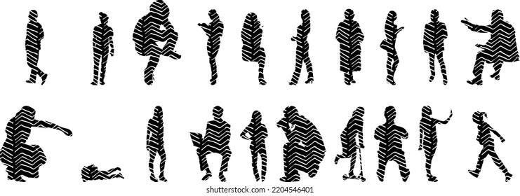 Vector silhouettes, Outline silhouettes of people, Contour drawing, people silhouette, Icon Set Isolated, Silhouette of sitting people, Architectural set	

