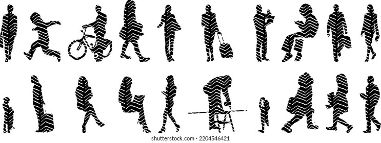 Vector silhouettes, Outline silhouettes of people, Contour drawing, people silhouette, Icon Set Isolated, Silhouette of sitting people, Architectural set	
