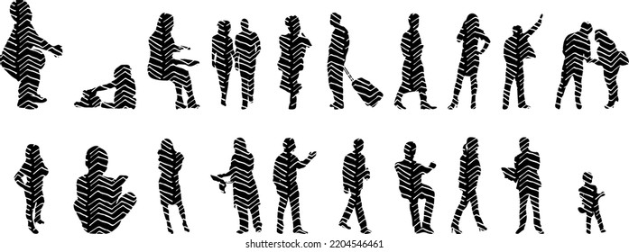 Vector silhouettes, Outline silhouettes of people, Contour drawing, people silhouette, Icon Set Isolated, Silhouette of sitting people, Architectural set	
