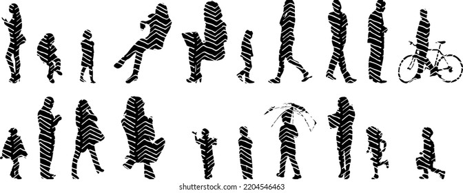 Vector silhouettes, Outline silhouettes of people, Contour drawing, people silhouette, Icon Set Isolated, Silhouette of sitting people, Architectural set	
