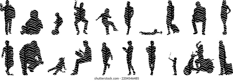 Vector silhouettes, Outline silhouettes of people, Contour drawing, people silhouette, Icon Set Isolated, Silhouette of sitting people, Architectural set	
