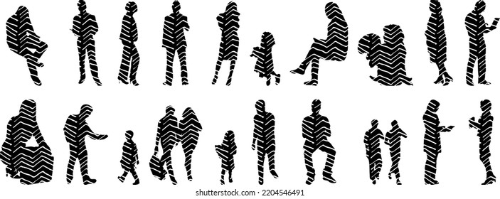Vector silhouettes, Outline silhouettes of people, Contour drawing, people silhouette, Icon Set Isolated, Silhouette of sitting people, Architectural set	
