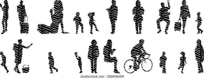 Vector silhouettes, Outline silhouettes of people, Contour drawing, people silhouette, Icon Set Isolated, Silhouette of sitting people, Architectural set	
