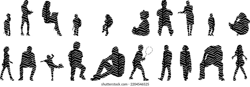 Vector silhouettes, Outline silhouettes of people, Contour drawing, people silhouette, Icon Set Isolated, Silhouette of sitting people, Architectural set	
